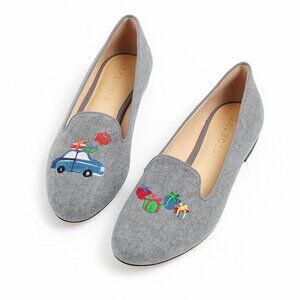 Talbots Light Grey Embroidered Flats – Holiday Design | Size 9.5M | Preppy Chic